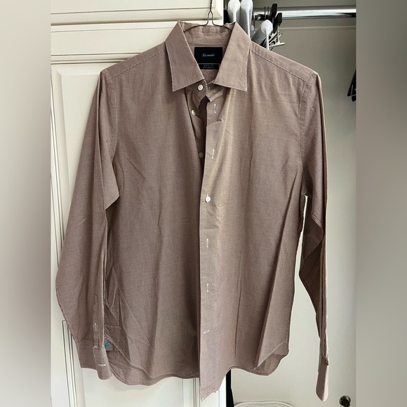 Like New Faconnable Long Sleeve Button Down Cotton Poplin Shirt XL tan gingham - Picture 1 of 9